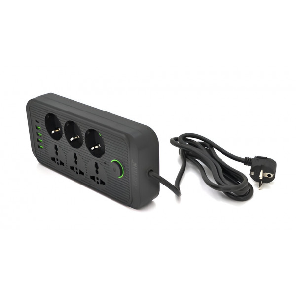Фото - Мережевий фільтр Voltronic F07U 6 троянд. (3 EU+3 Universal) + 4 USB + 1PD кнопка вкл. з індикатором 2 м Black