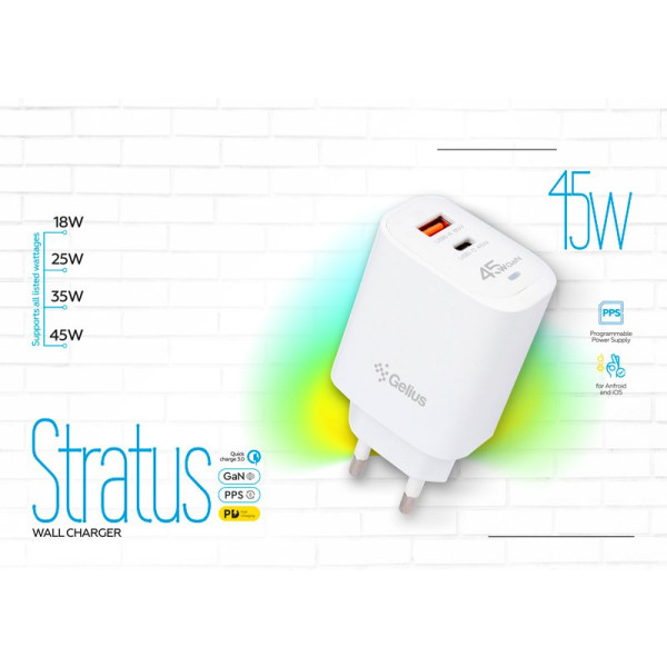 Фото - Мережевий зарядний пристрій Gelius Stratus GP-HC068 45W (1Type-C + 1USB-A) +One Type-C to Type-C White (00000102183)