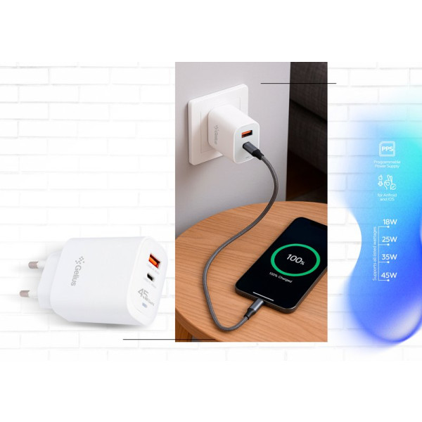 Фото - Мережевий зарядний пристрій Gelius Stratus GP-HC068 45W (1Type-C + 1USB-A) +One Type-C to Type-C White (00000102183)