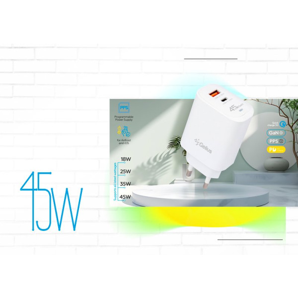 Фото - Мережевий зарядний пристрій Gelius Stratus GP-HC068 45W (1Type-C + 1USB-A) +One Type-C to Type-C White (00000102183)