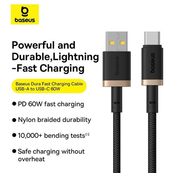 Фото - Перехідник Baseus Dura Series Fast Charging Cable USB to Type-C 60W 1m Gold+Black (P10377802U01-00)