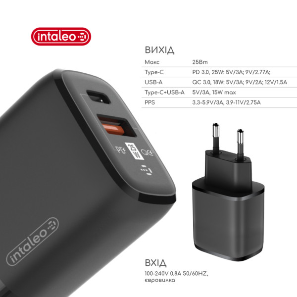 Фото - Мережевий зарядний пристрій Intaleo 25W USB-C PD+USB-A QC3.0 Black (TCGQPD252)