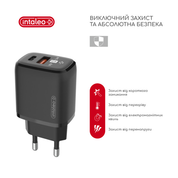 Фото - Мережевий зарядний пристрій Intaleo 25W USB-C PD+USB-A QC3.0 Black (TCGQPD252)