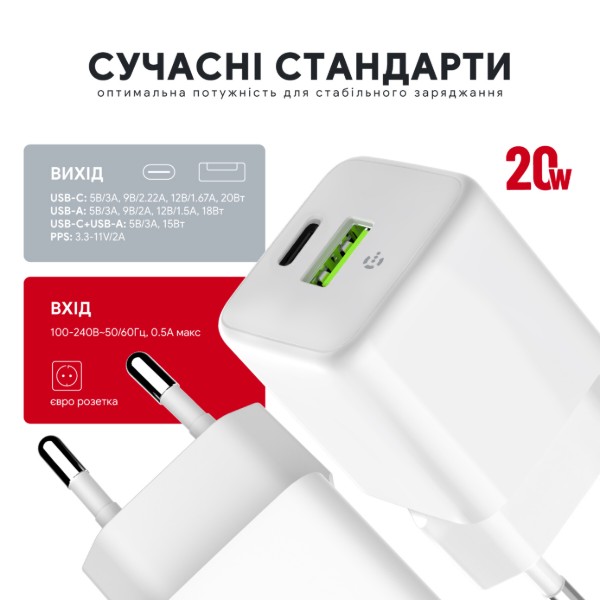 Фото - Сетевое зарядное устройство Intaleo GaN 20W USB-A+USB-C INT-TCGN202CA White (1283126637247)