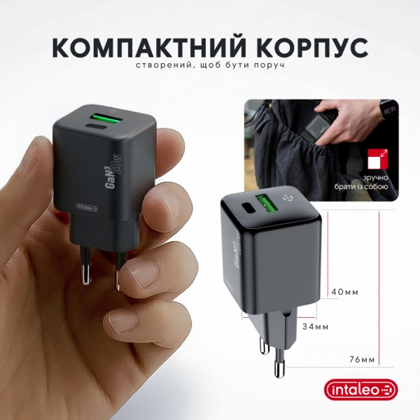 Фото - Сетевое зарядное устройство Intaleo GaN 25W USB-A+USB-C INT-TCGN252CA Black (1283126638299)
