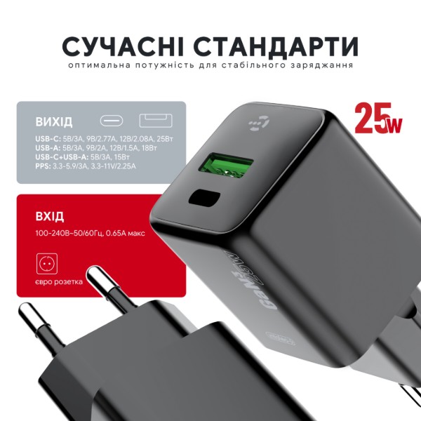 Фото - Сетевое зарядное устройство Intaleo GaN 25W USB-A+USB-C INT-TCGN252CA Black (1283126638299)