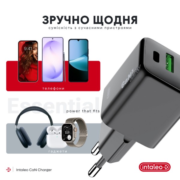 Фото - Сетевое зарядное устройство Intaleo GaN 25W USB-A+USB-C INT-TCGN252CA Black (1283126638299)