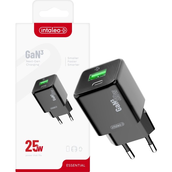Фото - Сетевое зарядное устройство Intaleo GaN 25W USB-A+USB-C INT-TCGN252CA Black (1283126638299)