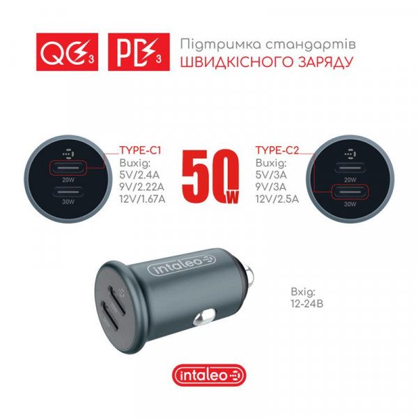 Фото - Автомобільний зарядний пристрій Intaleo CCGQPD250 Gray (1283126559518)