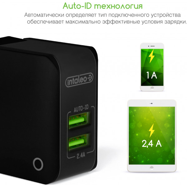 Фото - Мережевий зарядний пристрій Intaleo TCA242 (2USB2,4A) з кабелем Type-C (чорний)