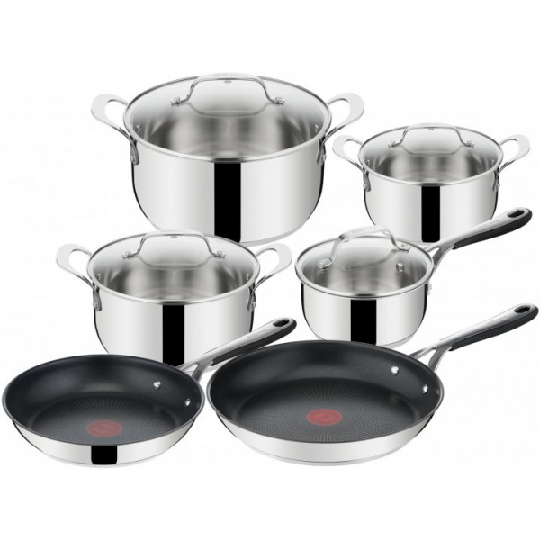 Фото - Набір посуду Tefal E314SA74 Jamie Oliver Kitchen Essential  10 пр (ківш 1,5 л,  кастр 1,5 л/ 3,0 л/ 5,3 л, сковороди 24 см/ 28 см )