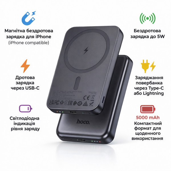 Фото - Батарея мобільна HOCO J160 Original Magnetic Wireless 5W (5000 mAh) Black (714868)