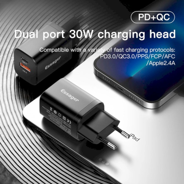 Фото - Мережевий зарядний пристрій Essager Journey PD+QC 30W Chager USB A+ Type-C EU Black (ECTPQS-ZTB01)