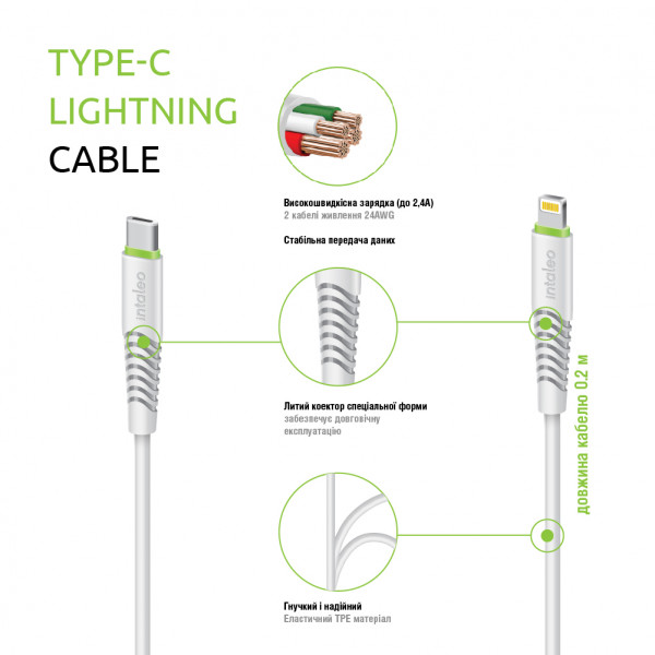 Фото - Кабель синхронізації даних Intaleo CBFLEXTL0 USB-C-Lightning 0.2м White (1283126580024)