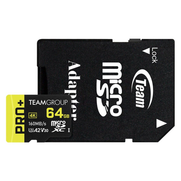 Фото - Карта пам'яті Team MicroSDXC  64GB UHS-I/U3 Class 10 Pro+ R160/W55MB/s + SD-адаптер (TPPMSDX64GIA2V3003)