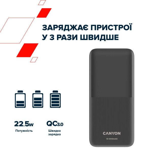 Фото - Батарея мобільна Canyon PB-1010 10000 mAh PD QC Black (CNE-CPB1010B)