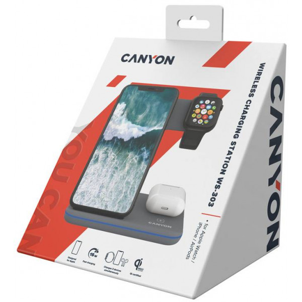 Фото - Бездротовий зарядний пристрій Canyon WS-303 3 в 1 QI Dark Grey (CNS-WCS303DG)