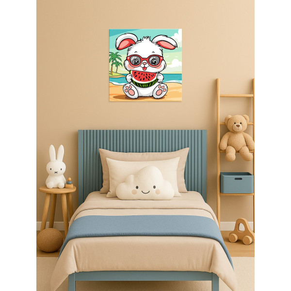 Фото - Картина за номерами Ideyka Літо. Зайчик з кавуном 25х25 см (KHO1257)