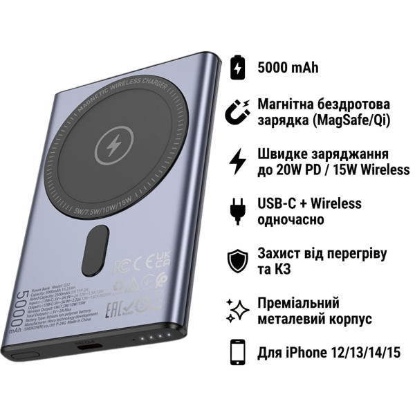 Фото - Батарея мобильная HOCO Q32 Bird PD20W Magnetic Wireless (5000 mAh) Metal Grey (714869)