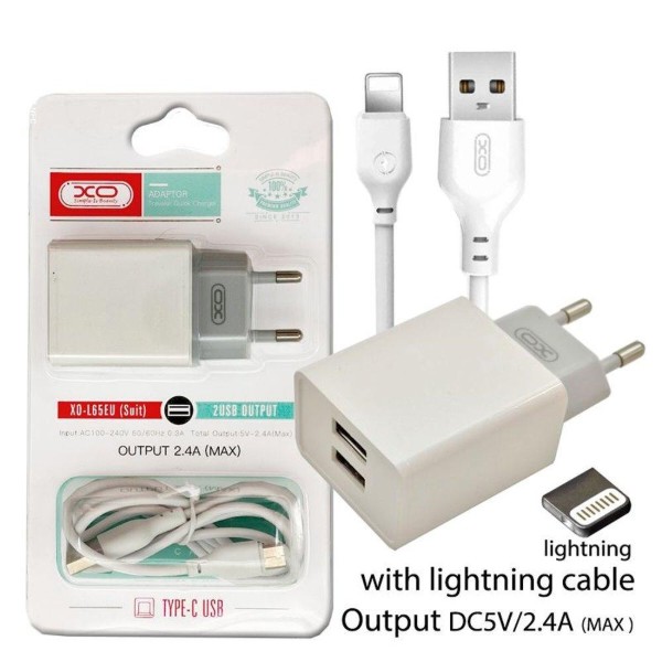 Фото - Мережевий зарядний пристрій XO 2.4A/2USB + lightning White (L65-L-WH)