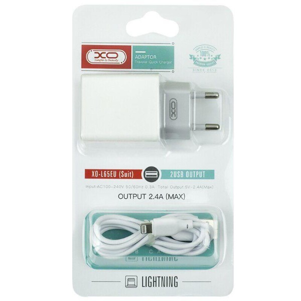 Фото - Мережевий зарядний пристрій XO 2.4A/2USB + lightning White (L65-L-WH)