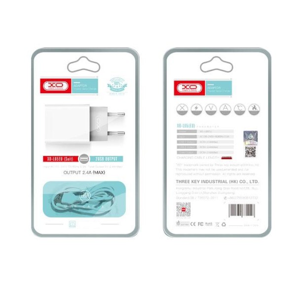 Фото - Мережевий зарядний пристрій XO 2.4A/2USB + lightning White (L65-L-WH)