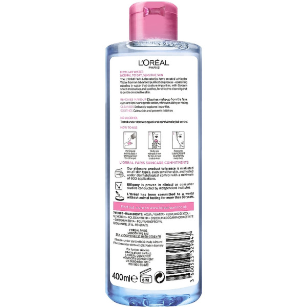 Фото - Міцелярна вода L'Oreal для сухої і чутливої шкіри 400 мл (3600523329847)