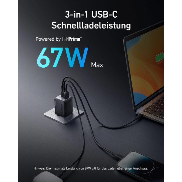 Фото - Мережевий зарядний пристрій Anker GaNPrime Charger 67W 2xUSB-C PD&1xUSB-A Black (A2669313)