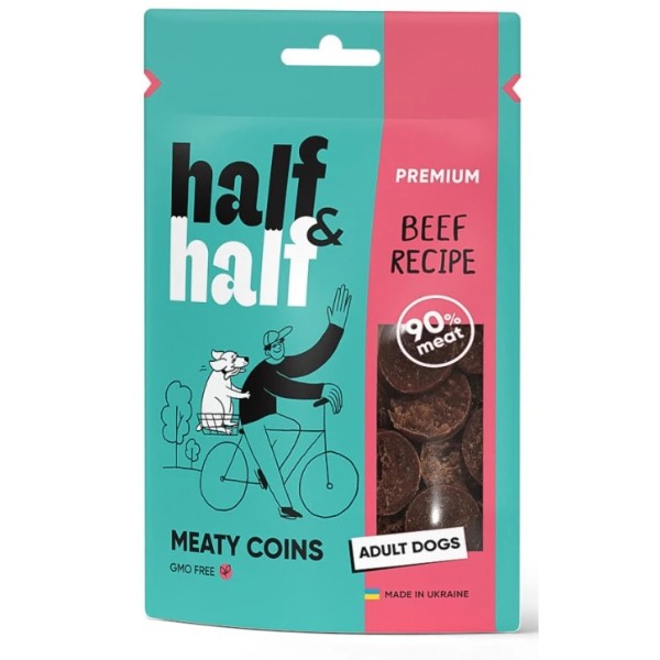 Фото - Ласощі для собак Half&Half м'ясні монетки з яловичиною 100 г (4823082431816)