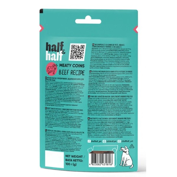 Фото - Ласощі для собак Half&Half м'ясні монетки з яловичиною 100 г (4823082431816)