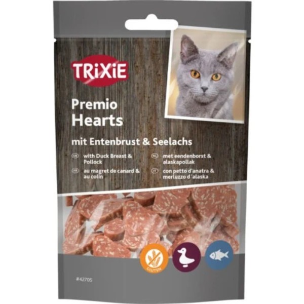 Фото - Ласощі для котів Trixie Premio Ducky Hearts сердечка з качкою та рибою 50 г (4011905427058)