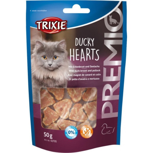 Фото - Ласощі для котів Trixie Premio Ducky Hearts сердечка з качкою та рибою 50 г (4011905427058)