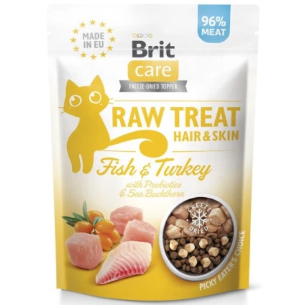 Фото - Ласощі для котів подушечки Brit Care Raw Treat Freeze-dried Hair and Skin риба та індичка 40 г (8595602569564)