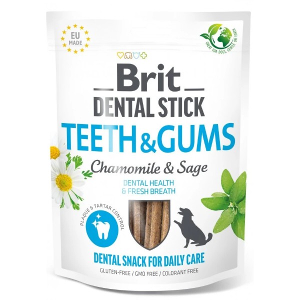 Фото - Ласощі для собак Brit Care Dental Stick Teeth and Gums для дорослих з ромашкою та шавлією для здоров я ясен і зубів 7 шт. 251 г (8595602564354)