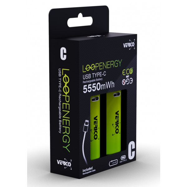 Фото - Батарейка тип C (LR-14) Verico Loop Energy C/R14 USB Type-С 3700mAh 5550mWh-1.5V Li-ion 2 шт. (1BTOV-A4N0A2-NN)