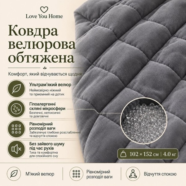 Фото - Ковдра літня полуторна Love You велюрова обтяжена антистресова 102х152 см (ly4715)