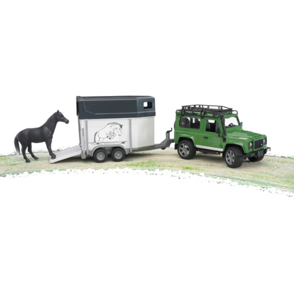 Фото - Автотранспорт BRUDER Автомобиль Land Rover Defender с трейлером для перевозки коней и лошадь (02592)
