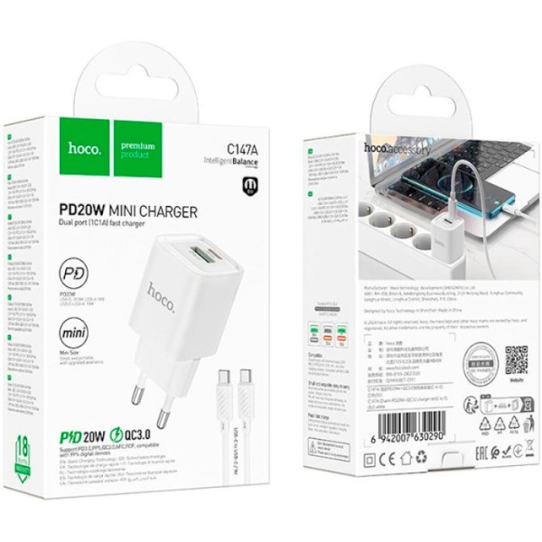 Фото - Мережевий зарядний пристрій HOCO C147A Charm PD20W+QC3.0 charger set (C to C)(EU) White (6942007630290)