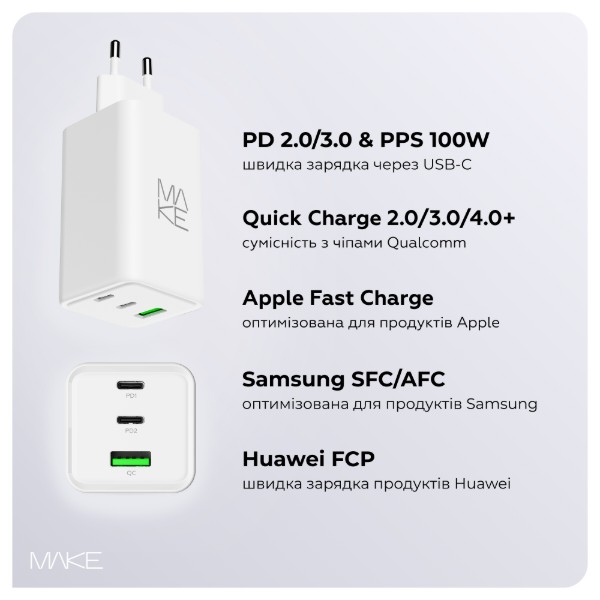 Фото - Мережевий зарядний пристрій MAKE 100W GaN 2xPD + QC3.0 White (MCW-10031GWH)