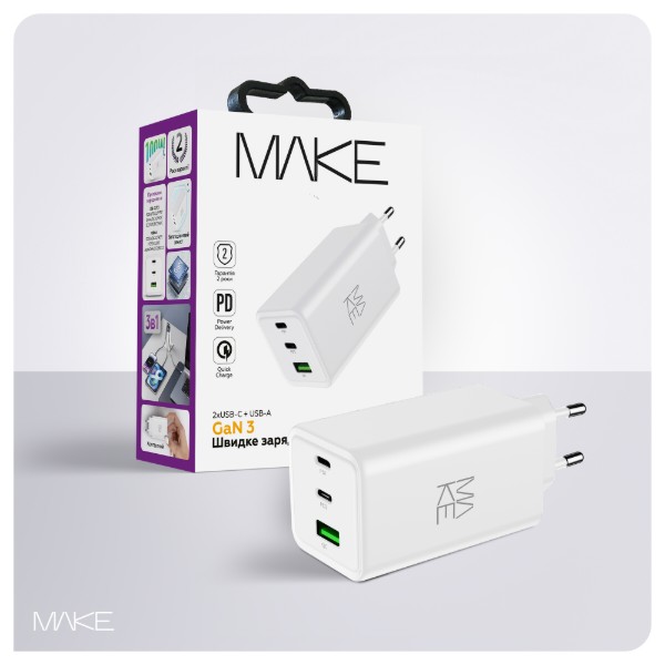 Фото - Мережевий зарядний пристрій MAKE 100W GaN 2xPD + QC3.0 White (MCW-10031GWH)