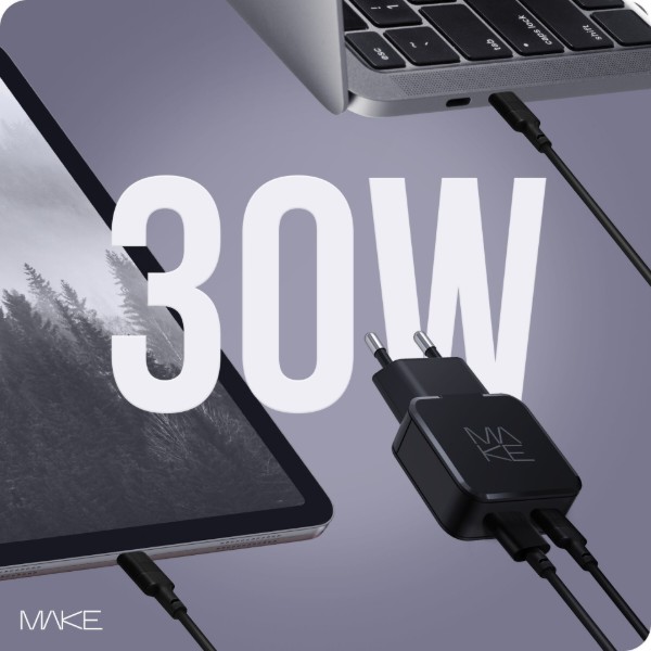 Фото - Мережевий зарядний пристрій MAKE 30W GaN Ultra Slim PD+QC Black (MCW-3022GBK)