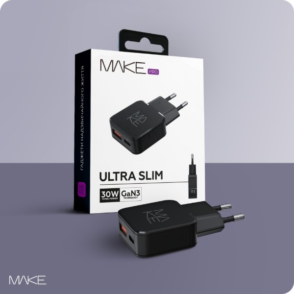 Фото - Мережевий зарядний пристрій MAKE 30W GaN Ultra Slim PD+QC Black (MCW-3022GBK)
