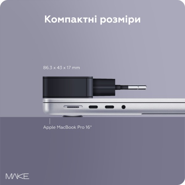 Фото - Мережевий зарядний пристрій MAKE 30W GaN Ultra Slim PD+QC Black (MCW-3022GBK)
