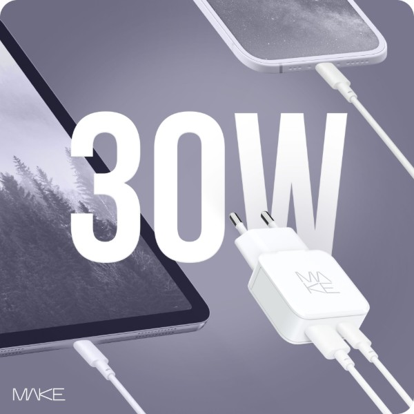 Фото - Мережевий зарядний пристрій MAKE 30W GaN Ultra Slim PD+QC White (MCW-3022GWH)