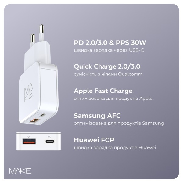 Фото - Мережевий зарядний пристрій MAKE 30W GaN Ultra Slim PD+QC White (MCW-3022GWH)