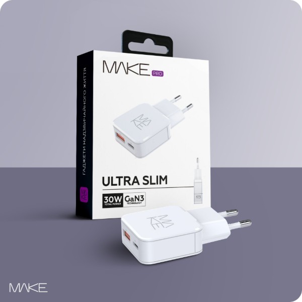 Фото - Мережевий зарядний пристрій MAKE 30W GaN Ultra Slim PD+QC White (MCW-3022GWH)