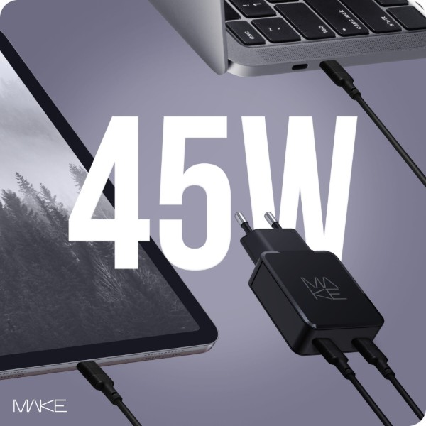 Фото - Мережевий зарядний пристрій MAKE 45W GaN Ultra Slim 2xPD Black (MCW-4522GBK)
