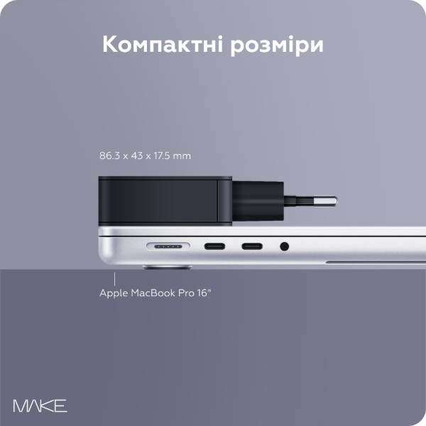 Фото - Мережевий зарядний пристрій MAKE 45W GaN Ultra Slim 2xPD Black (MCW-4522GBK)