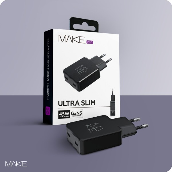 Фото - Мережевий зарядний пристрій MAKE 45W GaN Ultra Slim 2xPD Black (MCW-4522GBK)