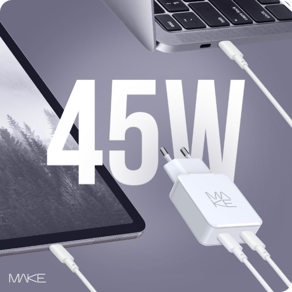 Фото - Мережевий зарядний пристрій MAKE 45W GaN Ultra Slim 2xPD White (MCW-4522GWH)